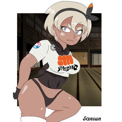 1girls abs alternate_costume bad_anatomy bea_(pokemon) big_thighs breasts dark-skinned_female dark_skin human human_only legs_up looking_at_viewer muscular_female nintendo pokemon pokemon_ss sansun solo source_request text thick_thighs thigh_gap watermark white_hair wide_hips