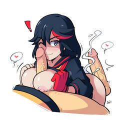 ! 1girls 2boys ambiguous_penetrated ayb black_hair blue_eyes bottomless breast_grab breasts breasts_out buttjob cum cum_inside cumshot disembodied_penis eye_closed eyes female hair heart kill_la_kill large_breasts long_hair long_penis male matoi_ryuuko one_eye_closed outercourse paizuri spitroast sweat threesome veiny_penis wince