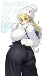 1girls 2018 alternate_hairstyle ass backpack blonde_hair breasts christmas chubby curvaceous fuzzy headphones huge_ass huge_breasts looking_at_viewer loose_clothes panties_visible_through_clothing ponytail super_pochaco sweater thick_thighs thigh_gap tsuji_santa wide_hips winter_clothes