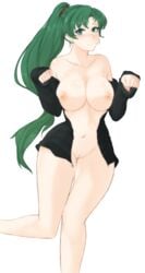 areolae bare_shoulders black_hoodie black_jacket blush breasts cleavage collarbone curvy earrings eyebrows_visible_through_hair facing_viewer female fire_emblem fire_emblem:_the_blazing_blade fire_emblem_heroes green_hair hair_between_eyes highres hood hoodie jacket jewelry large_breasts light_blush long_hair looking_at_viewer lyn_(fire_emblem) lyndis_(fire_emblem) navel nipples nude parted_lips partially_undressed paw_pose ponytail pubic_stubble pussy solo standing standing_on_one_leg surprised thighs transparent_background tridisart unzipped unzipping wide_hips