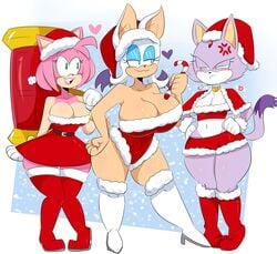 3girls aged_up amy_rose anthro ass bat bat_wings big_ass big_breasts big_butt bimbo blaze_the_cat blush breast_envy cat_ears cat_humanoid cat_tail christmas christmas_outfit cleavage exposed_belly exposed_breasts female female_only furry hammer hedgehog holidays huge_breasts jealous jinu leggings medium_breasts piko-piko_hammer piko_piko_hammer pink_fur pink_hair purple_fur rouge_the_bat santa_hat showing_off small_breasts sonic_(series) stockings thick_thighs white_hair wide_hips