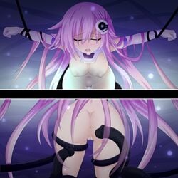 ass back bangs bent_over blush bondage border bound bound_arms bound_legs breasts breasts_apart cable cleavage_cutout closed_eyes cowboy_shot d-pad d-pad_hair_ornament elbow_gloves female from_behind gloves hair_between_eyes hair_ornament lavender_hair leotard long_hair medium_breasts nepgear neptunia_(series) outstretched_arms parted_lips purple_sister raised_eyebrows santystuff solo split_screen spread_arms tentacle very_long_hair white_gloves