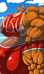 3:5 anthro balls beachwear big_balls big_bulge big_muscles big_penis bobert bodily_fluids buckley_(foxen) bulge clothing cloud genitals grin hi_res huge_balls huge_bulge huge_cock huge_muscles hyper hyper_balls hyper_bulge hyper_genitalia hyper_muscles hyper_pecs hyper_penis kangaroo looking_at_viewer macropod male male_only mammal marsupial muscular nipples penis shirt sky smile sweat tank_top text topwear vein veiny_penis