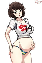 1girls artist_name big_belly black_hair bra dated female female_only hair lingerie megami_tensei minacream panties persona persona_5 pregnant ready_to_pop sadayo_kawakami signature solo swimsuit video_games