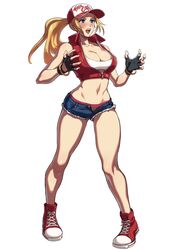 baseball_cap big_breasts blonde_hair blue_eyes blush canon_genderswap fatal_fury female female_terry fingerless_gloves genderswap king_of_fighters official_art rule_63 short_pants sneakers snk snk_heroines:_tag_team_frenzy surprised tagme terry_bogard underwear unzipped