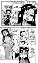 anthro band-aid bandage baseball_bat bat_(object) blush bodysuit breasts canid canine cleavage clothed clothing comic cookie_(furryfight_chronicles) daigaijin dialogue dildo english_text female fox furryfight_chronicles hair kalita_(furryfight_chronicles) lagomorph leporid long_hair mammal monochrome muko rabbit rodent sciurid sex_toy shirt size_difference tank_top text tight_clothing topwear tree_squirrel