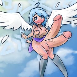 1futa angel angel_wings balls big_penis blue_hair breasts diphallia diphallism futanari huge_cock ihara large_penis multi_arm multi_limb multi_penis penis solo wings