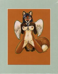 2012 anthro black_body black_fur black_hair breasts brown_body brown_fur canid canine caribou_(artist) feathered_wings feathers female fox fur genitals gray_border green_eyes hair looking_at_viewer mammal nipples nude orange_background orange_body orange_fur pawpads pussy red_fox ribbons simple_background smile smirk solo white_body white_feathers white_fur wings