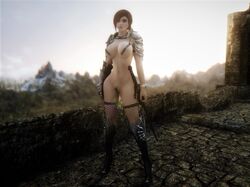 armor bethesda_softworks breasts female female_only game_screenshot high_heels human kirinococaine landscape partially_visible_vulva red_eyes red_hair revealing_clothes skimpy skimpy_armor skyrim stockings sunrise sword the_elder_scrolls weapon