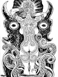 armlet arms_up ass back back_view backboob baphomet big_ass big_breasts big_butt bracelet breasts bubble_butt busty cthulhu cthulhu_mythos cult cultist curvaceous curvy fit fit_female hourglass_figure huge_breasts large_breasts long_fingernails long_hair nude pentagram pinup pussy sideboob symbol tagme tattoo tentacle thick_thighs tim_vigil toned toned_female vagina voluptuous wide_hips