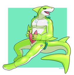 animate_inanimate anthro diphallia diphallism erection fin fish genitals green_body green_tail handles hi_res inflatable living_inflatable male male_only marine masturbation multi_genitalia multi_penis penis pool_toy qundium shark shark_tail solo touching_self