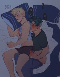 2boys alternate_hairstyle asleep blonde_hair clothed embrace erection_under_clothes freckles gay human human_only izuku_midoriya katsuki_bakugou kinktober male male/male male_on_male male_only masturbation my_hero_academia penis pillow sleep_sex sleeping somnophilia spacenipnops underwear yaoi