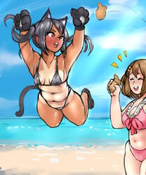 azusa_nakano_(k-on!) beach breasts cat_ears cat_paws cat_tail k-on! keigi_(artist) smile tanlines yui_hirasawa_(k-on!)