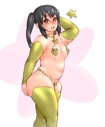 azusa_nakano_(k-on!) big_butt black_hair chubby collar human human_only k-on! keigi_(artist) looking_at_viewer pasties sleeves small_breasts star thighhighs twintails wide_hips