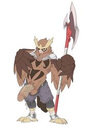 1boy 3_toes anthro anthrofied avian beak beige_penis belly big_hands big_penis big_testicles black_nipples brown_feathers brown_skin bulge cape claws clothing erection feathers feet halberd highres holding huge_cock humanoid_penis large_penis large_testicles long_penis looking_at_viewer male male_only melee_weapon muscular muscular_male navel nintendo nipples noctowl original_character pants penis penis_out pokémon_(species) pokemon pokemon_gsc polearm presenting presenting_penis pubic_hair red_eyes sakai solo spear standing testicles thick_penis utx-shapeshifter veins veiny_penis video_games weapon white_background wings