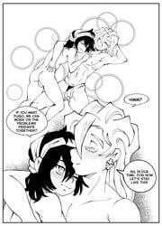 2boys after_sex black_and_white black_hair doujinshi drcockula earrings english_text gay jojo's_bizarre_adventure monochrome narancia_ghirga pannacotta_fugo text thong vento_aureo wholesome yaoi