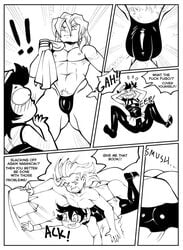 2boys black_and_white black_hair book comic doujinshi drcockula earring earrings embarrassed flaccid flaccid_penis gay human human_only jojo's_bizarre_adventure male male_only monochrome narancia_ghirga pannacotta_fugo penis_under_clothes pubic_hair text text_focus thong towel towel_around_neck vento_aureo yaoi