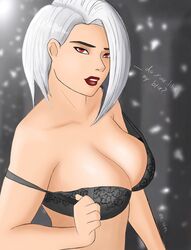 1girls 2d ashe_(overwatch) big_breasts bra breasts female looking_at_viewer mr-blue overwatch red_eyes short_hair solo text white_hair