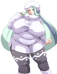 1girls alternate_breast_size alternate_hair_color big_breasts blue_eyes blue_hair blush boots breasts chubby clothed earrings eyelashes female female_only gloves green_hair half-closed_eyes hat huge_breasts human human_only leggings lipstick long_hair looking_away melony_(pokemon) milf nintendo otochichi pink_lipstick pokemon pokemon_ss pose shirt shorts solo source_request standing thick_thighs thigh_gap white_background white_hair wide_hips