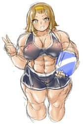 abs biceps big_breasts big_thighs brown_eyes brown_hair human human_only k-on! keigi_(artist) muscles muscular muscular_female muscular_thighs nipples nipples_visible_through_clothing peace_sign puffy_nipples ritsu_tainaka_(k-on!) short_hair smile sports_bra thick_calves thick_thighs tight_clothing volleyball_shorts