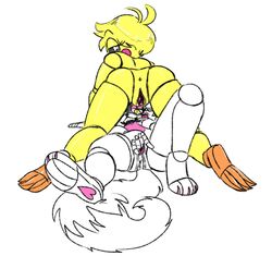 anthro avian bird chicken chicken_girl female female/female five_nights_at_freddy's five_nights_at_freddy's_2 genitals hi_res machine mammal mangle_(fnaf) nude pose pussy rabbit robot toy_chica_(fnaf) unnecessaryfansmut video_games yuri