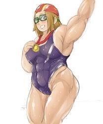 abs arm_up armpits biceps big_ass big_breasts big_butt brown_eyes brown_hair cameltoe competition_swimsuit human human_only k-on! keigi_(artist) medal muscles muscular muscular_female muscular_thighs one-piece_swimsuit ritsu_tainaka_(k-on!) short_hair smile swimming_cap swimming_goggles thick