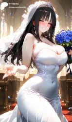 1girls ai_generated big_breasts black_hair blush bsworks chinese curvy eyeliner female long_hair makeup original original_character pale_skin slanted_eyes straight_hair wedding wedding_dress xiang_(bsworks) yellow_eyes