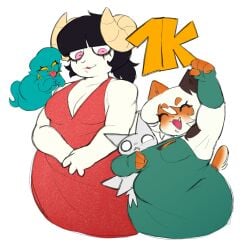 3girls anthro breasts chubby chubby_female cleavage feline female follower_celebration green_dress jamcrumb jasmine_(jamcrumb) maralynn_(jamcrumb) pink_eyes ram ram_horns shortstack