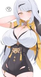 1girls ? arm_strap armwear big_breasts blush breasts cleavage clothing female female_only hair hair_ornament hairclip hands_behind_head hone_kawa huge_breasts large_breasts long_hair mole mole_on_breast motion_lines question_mark solo solo_female speech_bubble sweat swimsuit thighs white_hair yellow_eyes yixuan_(zenless_zone_zero) zenless_zone_zero