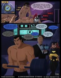 alfred_pennyworth batgirl batman:_the_animated_series batman_(series) bruce_wayne comic dc dc_comics dialogue dick_grayson doggy_style english_text female from_behind harley_quinn hermitmoth horny horny_female humor lifting_weights male naked naked_female naked_male older_male on_the_phone page_7 plap robin_(dc) sex