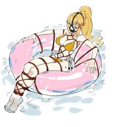 big_breasts blush bondage breasts crotch_rope darkness_(konosuba) eudetenis female femsub gag gagged harness_gag inflatable_ring kono_subarashii_sekai_ni_shukufuku_wo! legs_tied_together panel_gag ponytail rope_between_breasts rope_bondage rope_harness swimsuit swimwear two_piece_swimsuit vacation