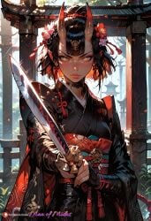 ai_generated bangs black_hair blush blush hair_flower hair_ornament holding_weapon katana kimono makeup manofmidas oni oni_female oni_horns samurai sword yellow_eyes