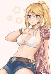 1girls artist_name bikini_top blonde_hair blue_eyes blush busty jean_shorts light-skinned_female light_skin metroid nintendo ponytail purrlucii samus_aran shorts stars