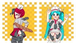2d 2d_(artwork) 2girls artist_request ass ass_grab back_view baguette blue_eyes blue_hair blush breast_grab chef chef_hat chef_uniform clothing crying embarrassed embarrassed_female female food groping hatsune_miku kasane_teto kasane_teto_(sv) licking licking_pussy molestation motion_lines no_panties obsolete_meat pussy pussy_juice questionable_consent red_eyes red_hair simple_background skirt skirt_lift spread_ass synthesizer_v tears tongue tremble_spikes trembling twin_drills twintails undressing undressing_another utau vagina vocaloid