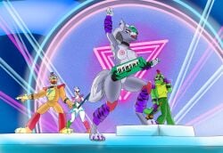 2boys 2girls absurd_res alessandrasnek alligator alligatorid animatronic anthro avian beak bear bird breasts canid canine canis chicken clothed clothing concert crocodilian digital_media_(artwork) dyed_hair ear_piercing eyewear female five_nights_at_freddy's five_nights_at_freddy's:_security_breach fur furry galliform gallus_(genus) glamrock_chica_(fnaf) glamrock_freddy_(fnaf) green_body green_hair green_highlights grey_body grey_fur grey_hair group guitar hair hi_res keytar long_hair machine male mammal mohawk montgomery_gator_(fnaf) muscular muscular_male musical_instrument naked naked_female nipples nude nude_female open_mouth phasianid piercing plucked_string_instrument pussy red_hair reptile ring_piercing robot roxanne_wolf_(fnaf) scalie scottgames steel_wool_studios string_instrument tail teeth two_tone_body two_tone_fur wolf wolf_girl
