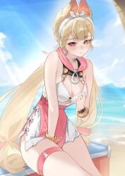 1girls absurdres alice_thymefield alice_thymefield_(sea_of_thyme) animal_ears bare_shoulders beach big_breasts blonde_hair blue_sky breasts cleavage commentary dress_swimsuit female hair_ornament heterochromia highres leo795 long_hair looking_at_viewer low_twintails ocean official_alternate_costume rabbit_ears rabbit_girl red_eyes sitting sky solo sphere_hair_ornament swimsuit thigh_strap twintails yellow_eyes zenless_zone_zero