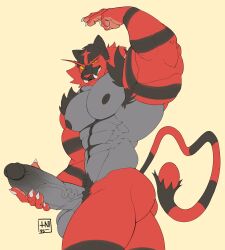 2025 4k abs absurd_res anthro balls biceps big_balls big_muscles big_penis bucccket colored digital_drawing_(artwork) digital_media_(artwork) erection felid feline felis flexing flexing_bicep full-length_portrait fur generation_7_pokemon genitals hi_res huge_cock huge_muscles humanoid_genitalia humanoid_penis incineroar jock looking_at_viewer male mammal muscles muscular muscular_anthro muscular_male nintendo nipples nude pantherine pecs penile penis pokemon pokemon_(species) portrait red_body red_fur simple_background smile solo tail teeth tiger watermark