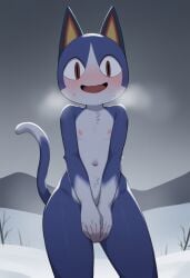 ai_generated animal_crossing completely_nude covering covering_crotch embarrassed fog mountain nintendo nude outdoors rover_(animal_crossing) snow
