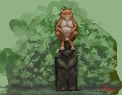 2024 anthro balls belly closed_eyes colored domestic_cat feet felid feline felis fur genitals green_background hi_res jeri_kleinlowe male mammal nude_anthro nude_male on_statue orange_body orange_fur outside overweight penis plant red_text sculpture shrub signature simple_background sitting smile solo statue striped_body striped_fur stripes text