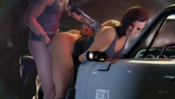 1boy 3d 3d_(artwork) ass big_ass car cyberpunk_2077 female imaginary_friend johnny_silverhand male masturbation on_car_hood prosthetic_arm public public_masturbation pussy red_hair shulyque v_(cyberpunk_2077) vaginal_penetration valerie_(cyberpunk_2077)