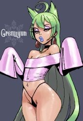 1girls akashi_(azur_lane) azur_lane bimbo_lips bimbofication blue_lipstick bratty bratty_correction cat_ears choker curvaceous_figure curvy_female earrings flat_chest fupa golden_eyes goonette gooning green_hair gremiyun gyaru long_sleeves necklace petite plump_pussy prostitution thong wide_hips