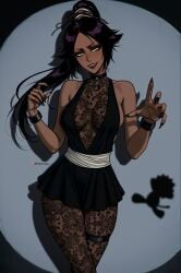 1girls artist_name black_eyeshadow black_fingernails bleach busty collar dark-skinned_female dark_skin goth goth_girl lace ponytail prixmal purple_hair shihouin_yoruichi spotlight stockings yellow_eyes