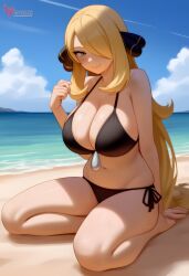 1girls 2d ai_generated ass barefeet beach big_ass big_breasts bikini blonde_hair breasts cynthia_(pokemon) erophoenix feet female female_focus full_body long_hair looking_at_viewer looking_back milf nintendo nude older_woman pale_skinned_female patreon_username pokemon pokemon_dppt smile soles solo solo_female sweat swimsuit thick thick_thighs toes uncensored voluptuous