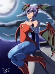 1girls ass big_ass breasts darkstalkers female female_only flat_chest head_wings large_ass morrigan_aensland orange_eyes purple_hair short_hair sonicmanmw3 wings