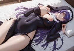 1girl ai_generated areolae bed black_lingerie bra_peek breasts_out busujima_saeko covered_navel female_solo highschool_of_the_dead illustrious_(stable_diffusion) laying_on_bed lingerie long_hair looking_at_viewer nipples nun's_habit nun_outfit on_back pelvic_curtain purple_hair saeko_busujima self_upload side-tie_panties siegwharheit solo stable_diffusion thighs