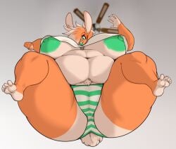 1girls anthro areolae ass belly breasts bunny dulce_(mr.pink) fat female female_focus female_only furry green_eyes hair_covering_eye hair_over_one_eye hips jumping lagomorph lagomorph_humanoid large_ass large_breasts mr.pink nipples orange_fur orange_hair overweight overweight_female panties pov rabbit stomach striped_panties thick_thighs thighs undershirt underwear wide_hips