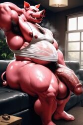 ai_generated armpit_hair balls fat furrypornaddiction hairy huge_balls huge_cock looking_at_viewer male musk musky obese penis pig pubes slob sweaty thick_thighs