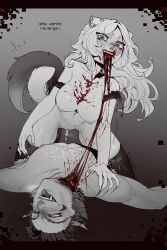 1boy 1girls agressive_sex black_lingerie black_stockings blood blood_in_mouth body_hair breasts breasts_out cat_ears cat_tail catgirl cum_drip exposed_breasts exposed_pussy female fox_ears fox_tail gore horny killing lace_bra male meat meinkatzchen mist_(meinkatzchen) murderer neko pussy ren_hana scars semen snuff sweat the_price_of_flesh torture white_hair