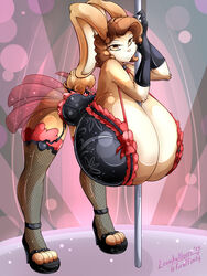 anthro bent_over between_breasts big_breasts breasts bunny_ears choker fishnet_stockings furry girdle gloves heels large_breasts leonkatlovre pole stockings stripper stripper_pole tagme