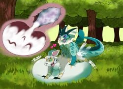 absurd_res big_penis blue_body bodily_fluids cum cum_in_uterus cum_in_vagina cum_inside dirtymac eeveelution female feral forest forest_background fur generation_1_pokemon genital_fluids genitals green_eyes grey_body grey_fur hi_res huge_cock hyper hyper_genitalia hyper_penis inflation inflation jolteon male nature nature_background nintendo penis plant pokemon pokemon_(species) purple_eyes tree uterus vaporeon